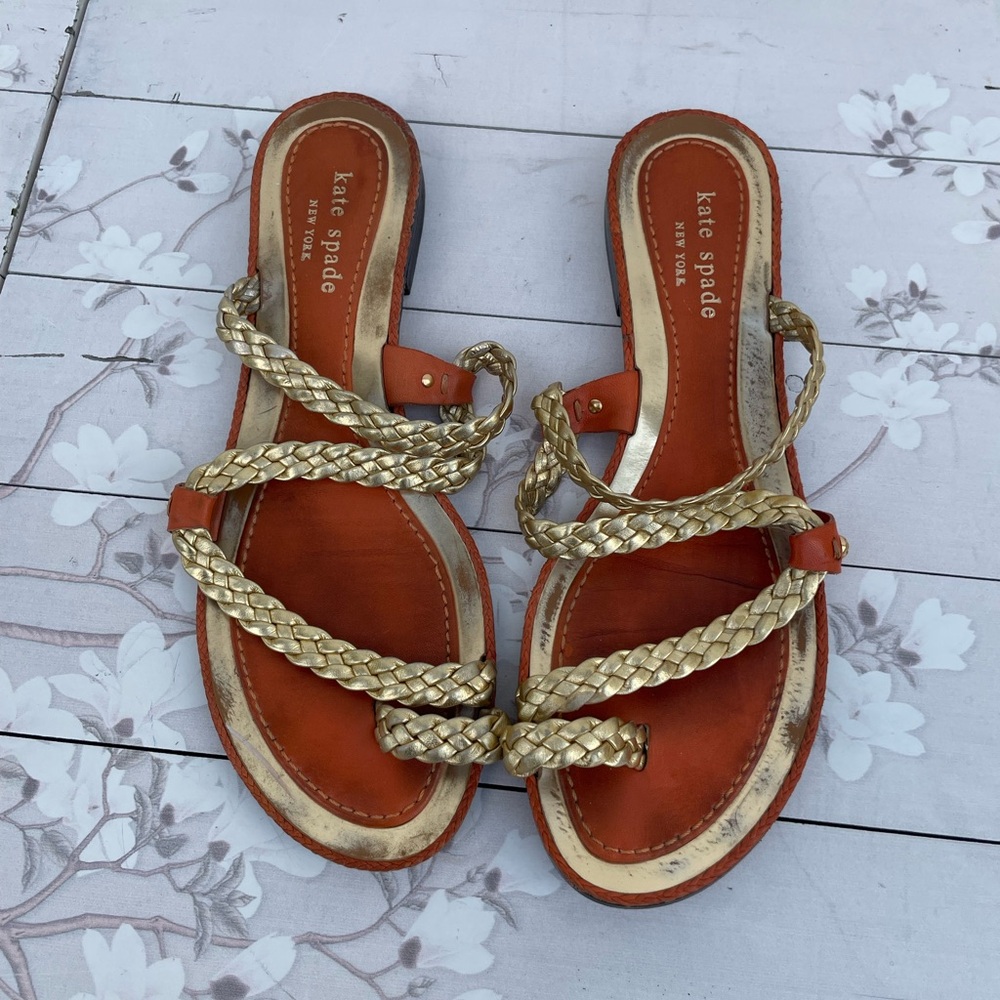 Kate Spade Idonia Tan and Gold Braided Strap Slide Sandals